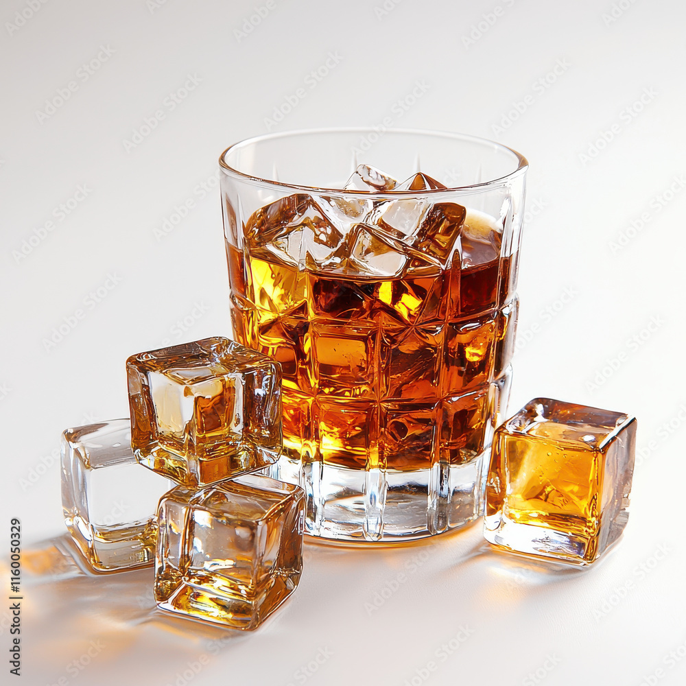 Whiskey on rocks with ice cubes, rich and vibrant drink isolated design on white background Whiskey on rocks with ice cubes, rich and vibrant drink isolated design on white background