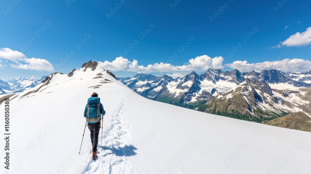Adventurer Hiking on Snowy Mountain Trail Surrounded by Majestic Peaks Under a Vibrant Blue Sky in the Alps During a Clear Summer Day Adventurer Hiking on Snowy Mountain Trail Surrounded by Majestic Peaks Under a Vibrant Blue Sky in the Alps During a Clear Summer Day