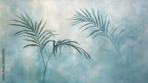 Teal painted background with two palm fronds.