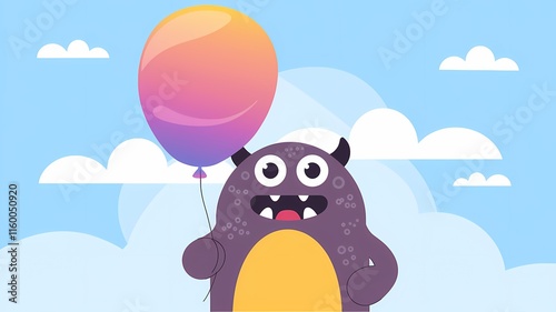 Flat style illustration of a rounded monster holding a curvy balloon with a pink to purple gradient, wearing a yellow shirt, set against a bright sky with fluffy white clouds.