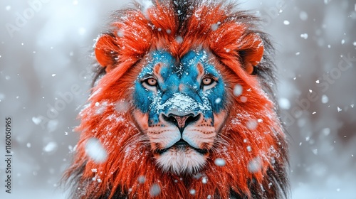 Colorful lion in winter snow. photo