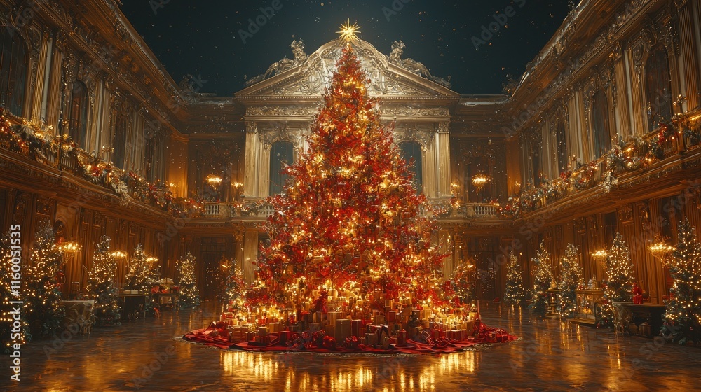Fototapeta premium A grand Christmas tree adorned with lights and decorations in an opulent hall.