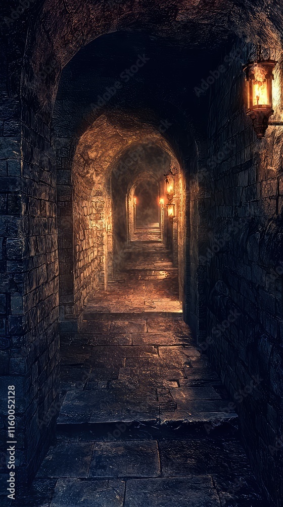 Mysterious Medieval Stone Corridor with Flickering Lanterns Mysterious Medieval Stone Corridor with Flickering Lanterns
