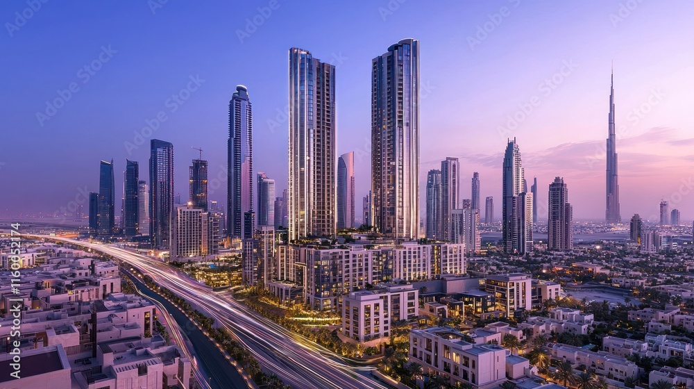 Panoramic sunset view of modern skyscrapers and city highway. Panoramic sunset view of modern skyscrapers and city highway.