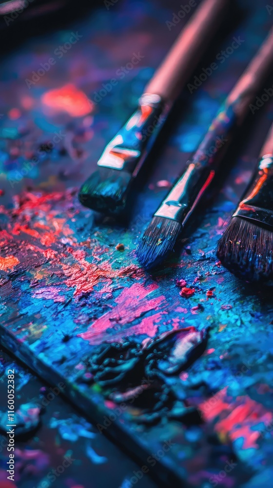 Fototapeta premium Vibrant Paint Palette with Brushes on Dark Surface Background