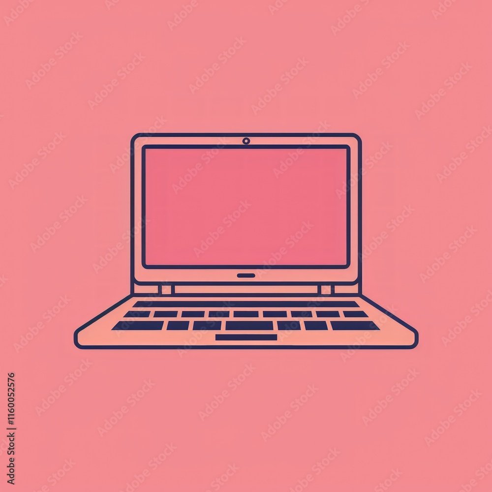 Simple line art illustration of a laptop computer on a pink background. Simple line art illustration of a laptop computer on a pink background.