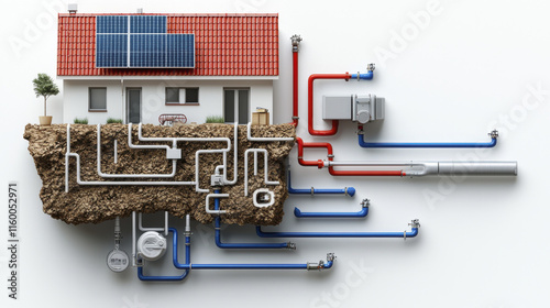 model house with solar panels and plumbing systems depicted underground photo