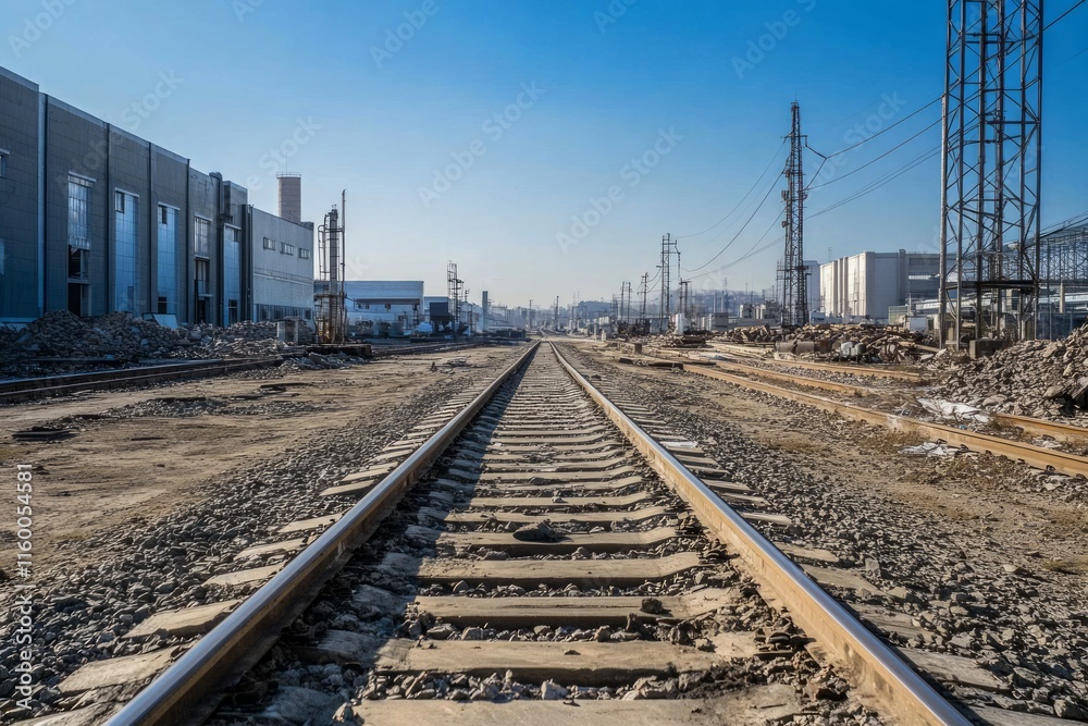 Fototapeta premium Industrial Railway Tracks Leading to a Factory Complex