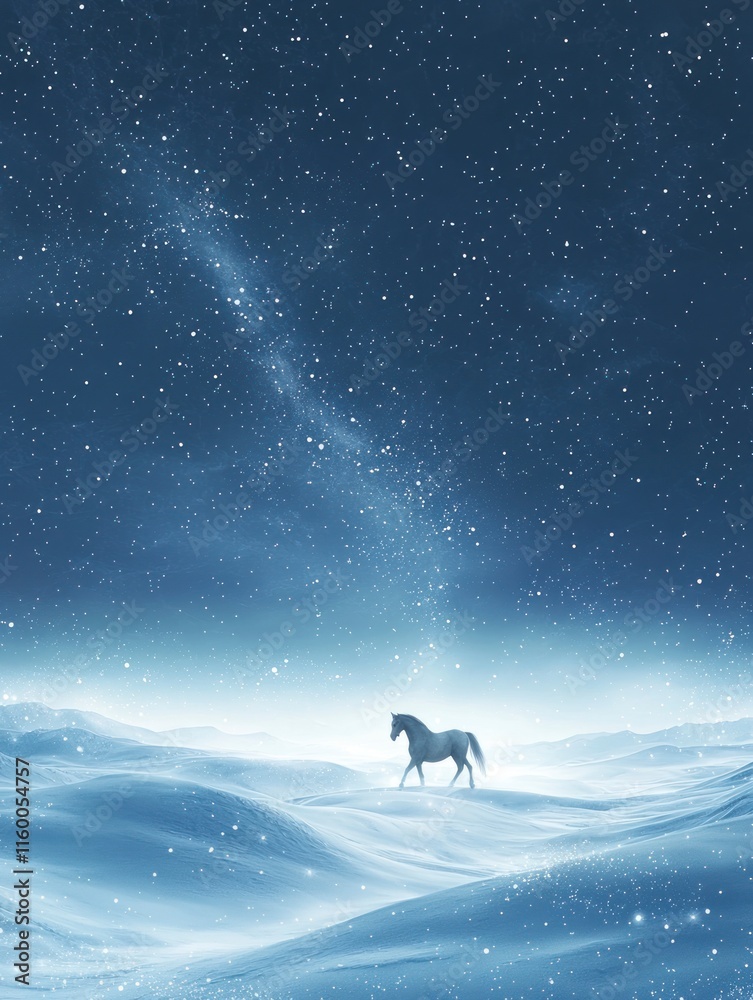 Fototapeta premium Majestic Centaur Galloping Through a Snowy Landscape Under a Starry Sky, Perfect for a Magical Christmas Theme with Intricate Borders and Frames