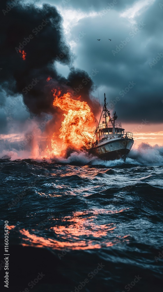Fire Erupts from Boat at Sea Amid Dark Stormy Clouds and Waves Fire Erupts from Boat at Sea Amid Dark Stormy Clouds and Waves
