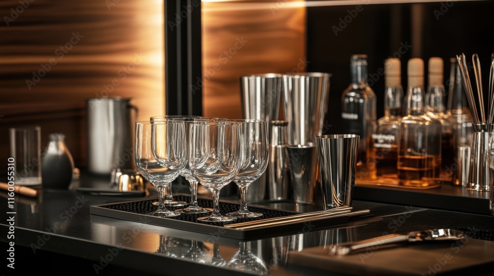 A stylish mixology bar with cocktail tools and premium spirits, Mixology tools and sophisticated cocktail glasses neatly arranged, Urban mixologist style A stylish mixology bar with cocktail tools and premium spirits, Mixology tools and sophisticated cocktail glasses neatly arranged, Urban mixologist style