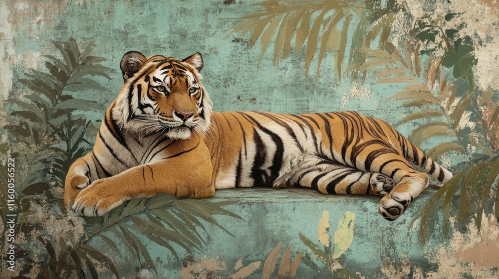 A full-body Bengal tiger lying in a relaxed pose, surrounded by abstract foliage, painted in oil on a distressed vintage paper background with muted green and brown hues A full-body Bengal tiger lying in a relaxed pose, surrounded by abstract foliage, painted in oil on a distressed vintage paper background with muted green and brown hues