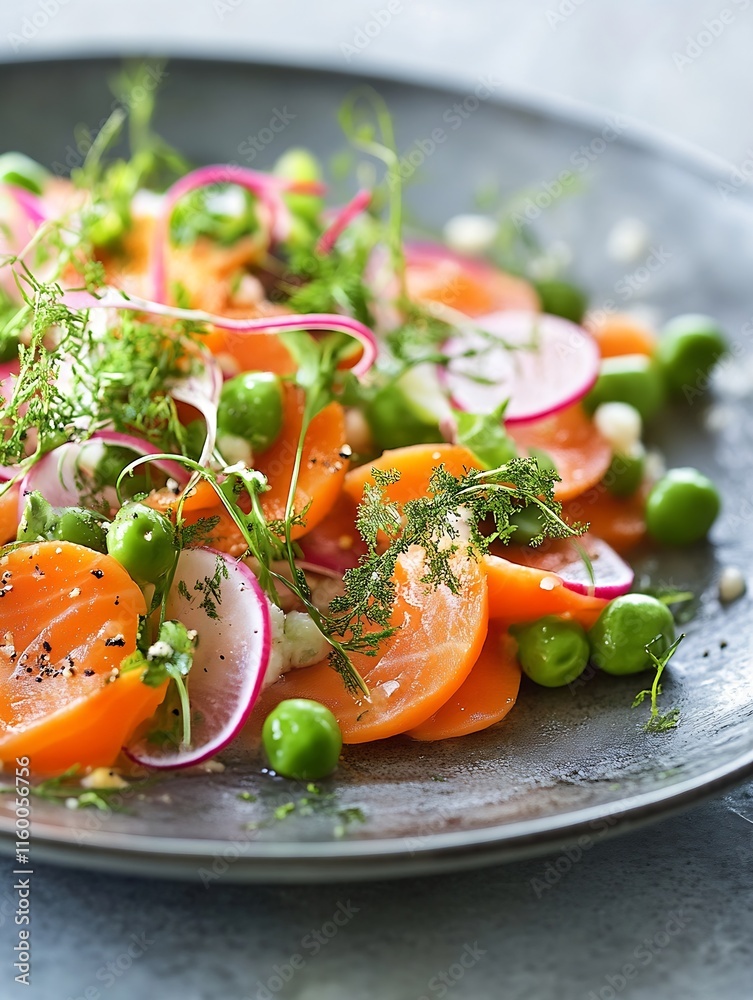 Refreshing vibrant salad with sliced carrots peas and radishes garnished with fresh herbs on gray plate : Generative AI Refreshing vibrant salad with sliced carrots peas and radishes garnished with fresh herbs on gray plate : Generative AI
