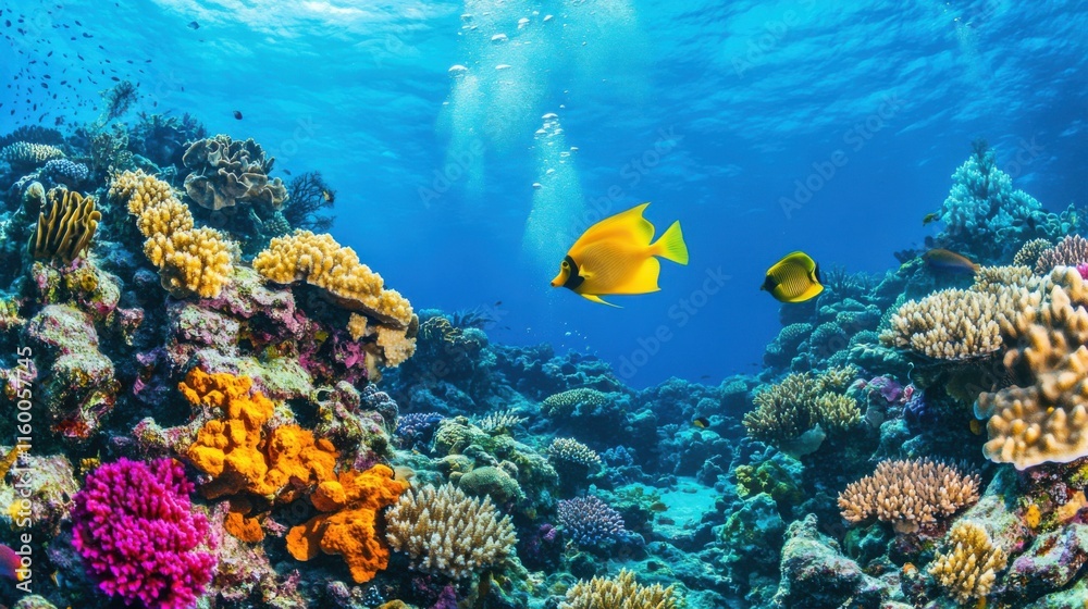 Naklejka premium A thrilling scuba diving expedition in a vibrant coral reef, Diving gear prepared on a sturdy dive boat, Underwater adventure style