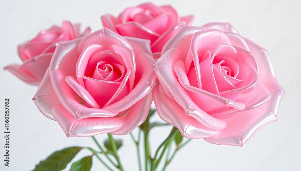 Design roses that appear to be made from hand-blown glass, with transparent, curved petals that catch and reflect light, The roses are in pastel hues, with a faint iridescent sheen and are set against Design roses that appear to be made from hand-blown glass, with transparent, curved petals that catch and reflect light, The roses are in pastel hues, with a faint iridescent sheen and are set against