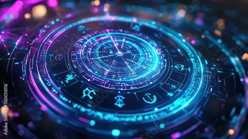 Wallpaper Mural Futuristic Digital Interface with Vibrant Neon Circles and Symbols Torontodigital.ca