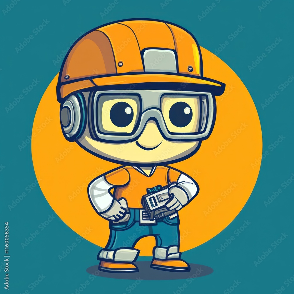Adorable Cartoon Construction Worker with Gadget Adorable Cartoon Construction Worker with Gadget