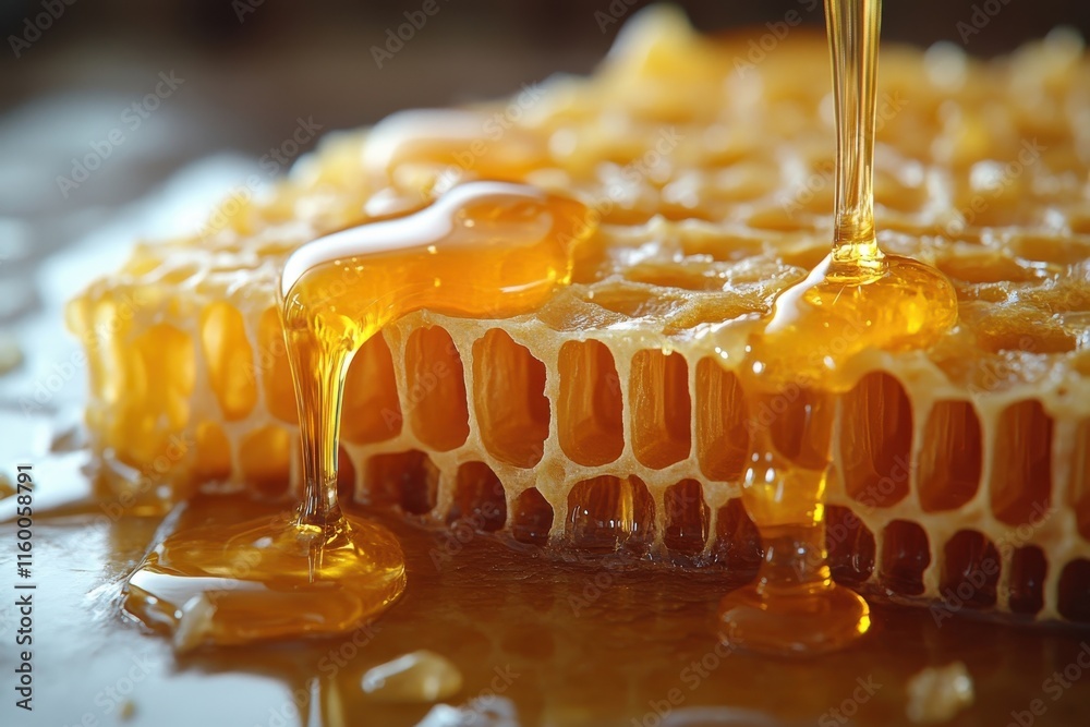 Golden Honey Dripping from Fresh Honeycomb on Wooden Surface