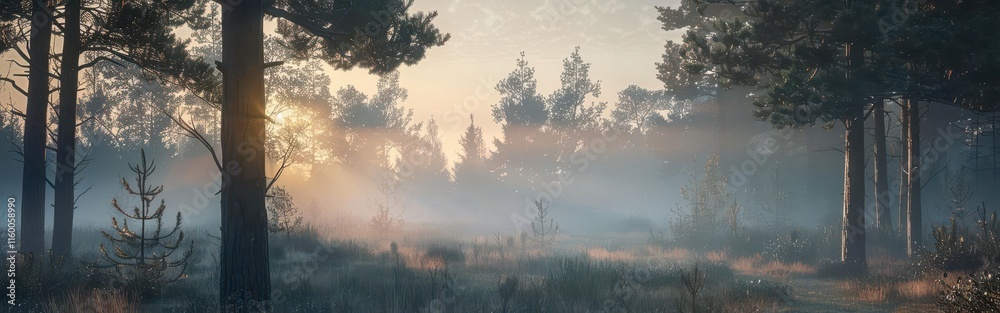 Naklejka premium Mystical Morning in the Forest. Serene and foggy landscape