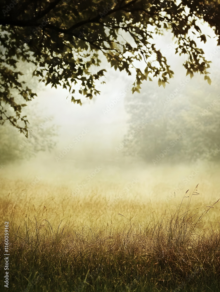 Obraz premium Peaceful Misty Morning in Tranquil Meadow with Sunlit Trees : Generative AI