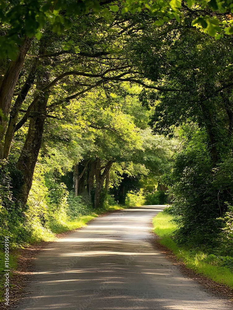 Fototapeta premium Dappled Sunlight on a Treelined Path Creating a Serene Woodland Escape : Generative AI