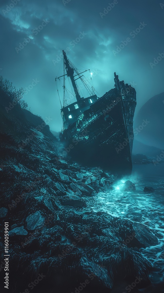 Abandoned Shipwreck on Rocky Coast under a Moody Sky at Night Abandoned Shipwreck on Rocky Coast under a Moody Sky at Night