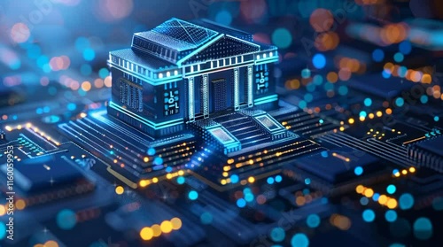 Banking logo in polygonal  line, hologram in futuristic blue background, Banking technology and modern online finance concept