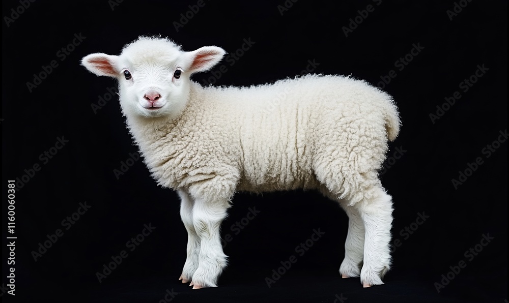 Obraz premium Adorable white lamb standing against a black background.