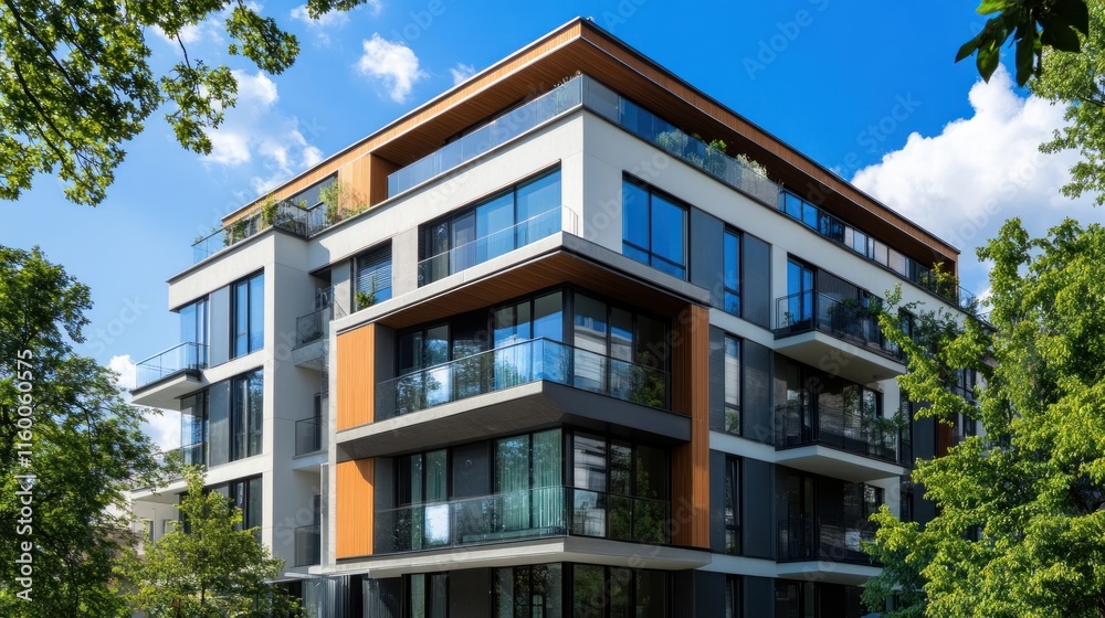 Modern Apartment Building with Balconies and Glass Windows Modern Apartment Building with Balconies and Glass Windows