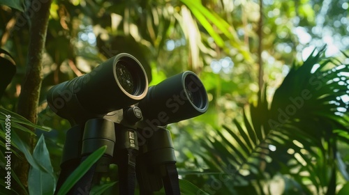 A tranquil birdwatching hideout in a dense forest, Binoculars and bird guides meticulously placed, Nature immersive style