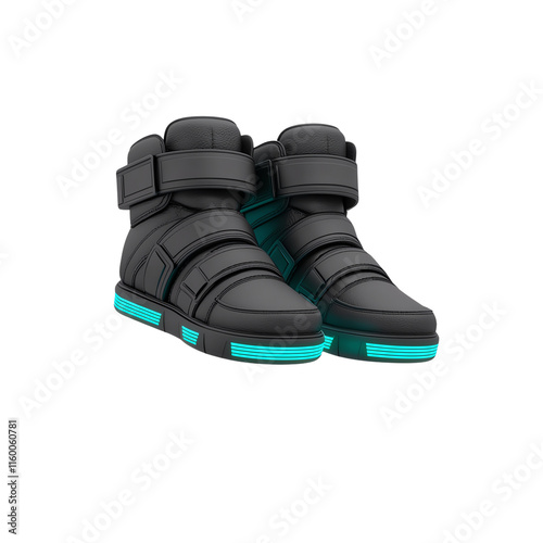 Futuristic black sneakers with glowing teal accents and adjustable straps, designed for a stylish and modern look. photo