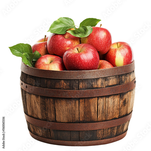 Fresh Red Apples in Wooden Barrel, Isolated transparent Background, png photo