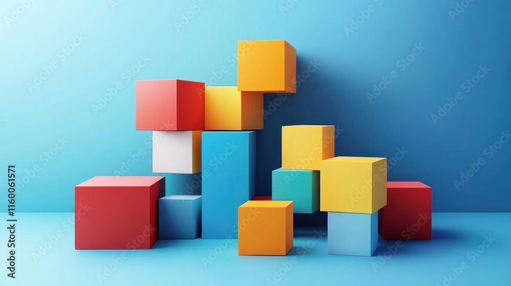 Abstract Colorful Blocks Composition: A vibrant 3D rendering of colorful cubes arranged in a playful, abstract manner against a light blue backdrop. Abstract Colorful Blocks Composition: A vibrant 3D rendering of colorful cubes arranged in a playful, abstract manner against a light blue backdrop.