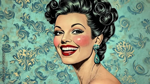 Vintage illustration of a smiling woman with elegant hairstyle and earrings against a patterned background