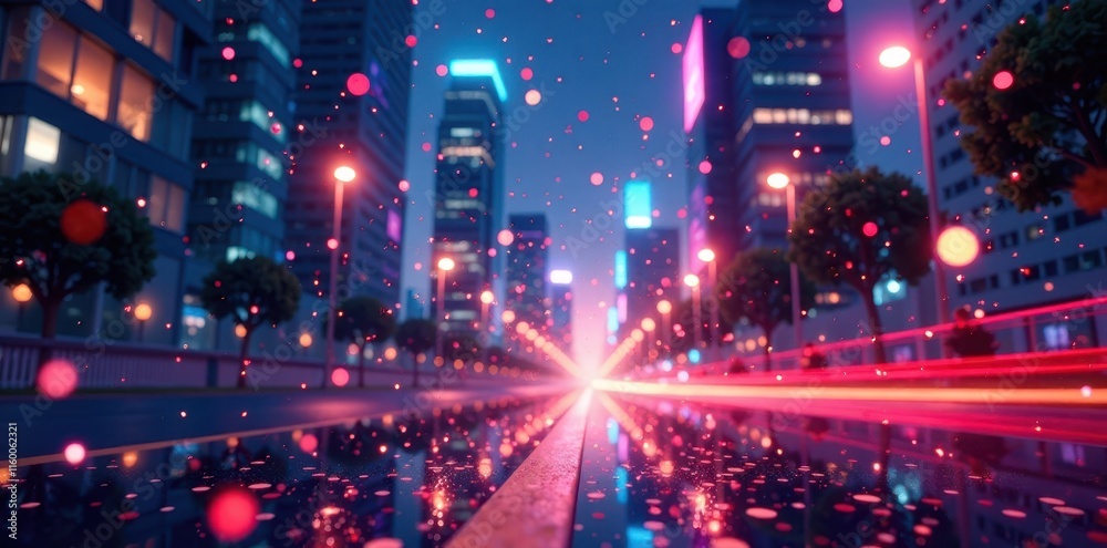 Fototapeta premium Bright confetti fall from a bright starry sky amidst modern cityscape , confetti, fireworks