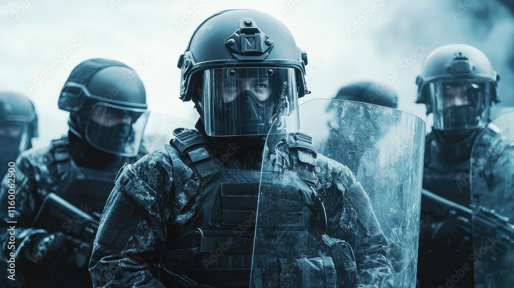 Fototapeta premium Armored Riot Police Officers in Formation during Crowd Control Operations
