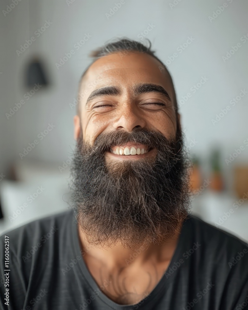 Close-up portrait of a happy man with a long beard, eyes closed, smiling broadly. Close-up portrait of a happy man with a long beard, eyes closed, smiling broadly.