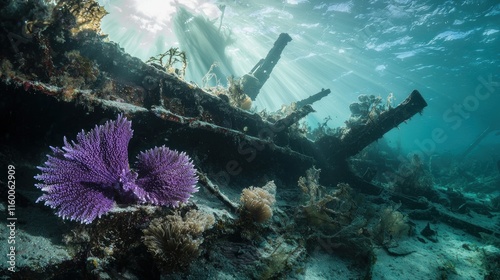 Sunbeams illuminate a vibrant purple sea fan on a sunken shipwreck, surrounded by coral and marine life. photo