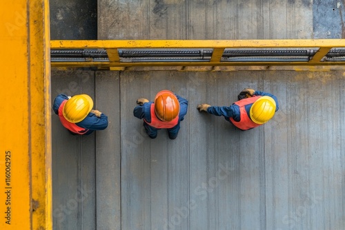 High Angle View of Industrial Workers in Protective Gear photo