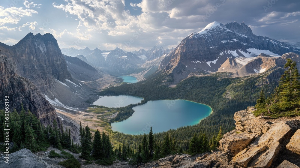 Fototapeta premium Mountain Valley with Two Turquoise Lakes