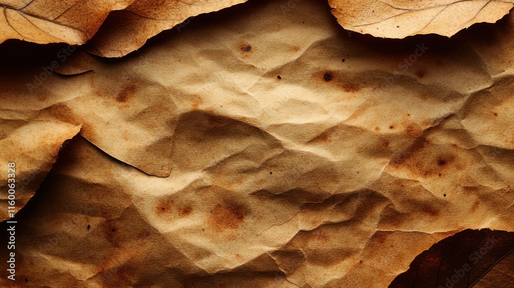 Crumpled, aged, brown paper texture with burn marks and leaf overlay. Crumpled, aged, brown paper texture with burn marks and leaf overlay.