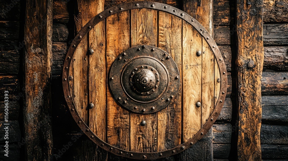 Rustic Wooden Shield with Metal Details Against a Dark Background Rustic Wooden Shield with Metal Details Against a Dark Background