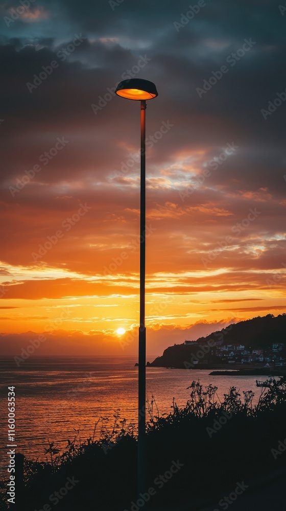 Serene Sunset Over Water with Lamp Post Silhouette at Dusk Serene Sunset Over Water with Lamp Post Silhouette at Dusk