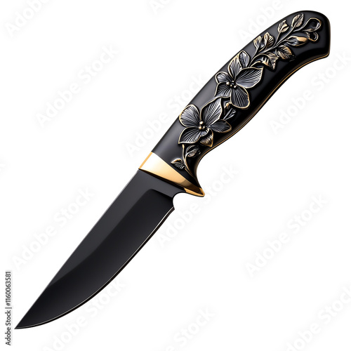 A beautifully crafted knife with an intricately designed handle, featuring floral motifs and a sleek, sharp blade. photo