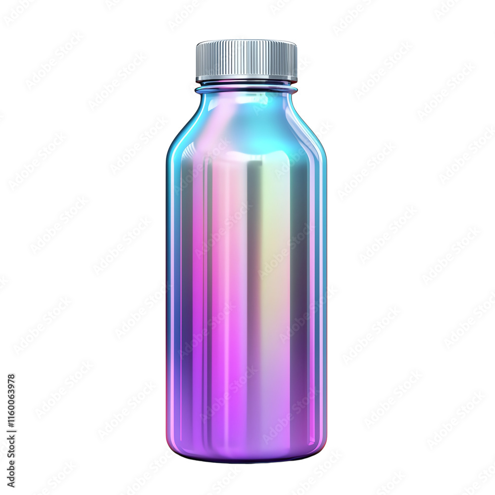 A sleek, iridescent bottle showcasing vibrant color gradients and a metallic cap. A sleek, iridescent bottle showcasing vibrant color gradients and a metallic cap.