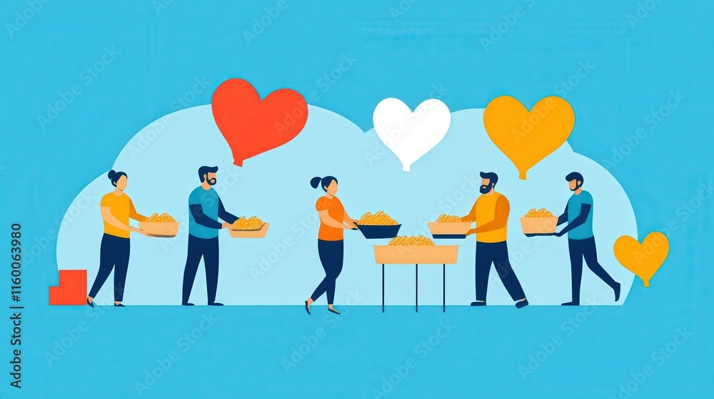 Fototapeta premium Community Engagement Through Food Donation and Service: A Colorful Illustration of People Contributing to a Shared Meal Experience of Generosity and Togetherness