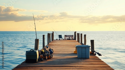 A tranquil fishing pier extending over calm ocean waters, Fishing gear arranged for a day’s catch, Coastal leisure style