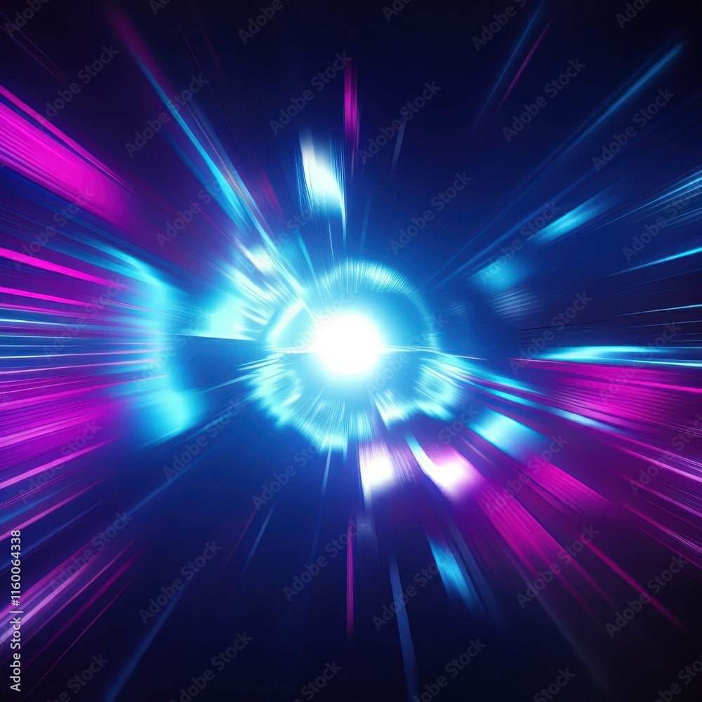 Fototapeta premium Cosmic explosion, vibrant energy burst, radiant light rays, deep space, swirling colors, blue and purple nebula, star formation, interstellar dust, celestial fireworks, dynamic motion blur, galactic c