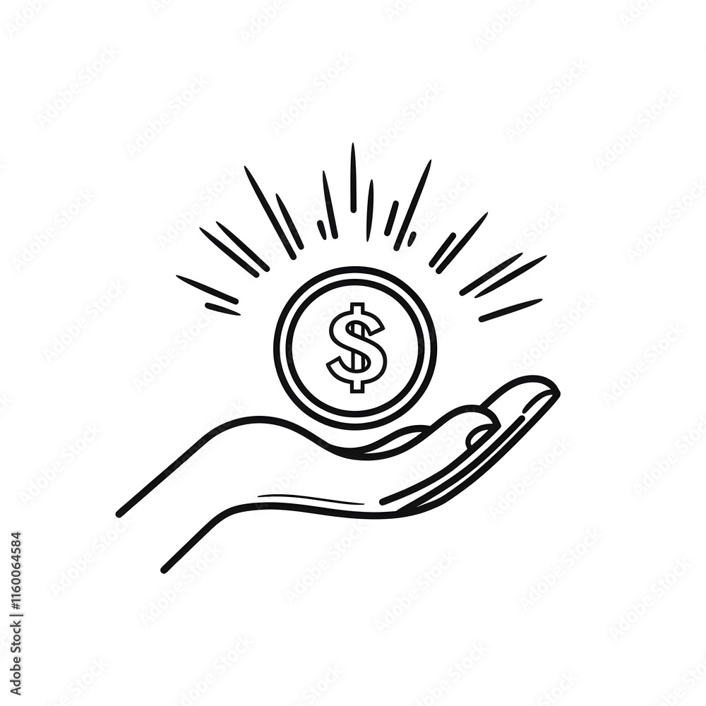 Money in Hand Icon – Black and White Financial Symbol with Dollar Sign and Radiating Lines Money in Hand Icon – Black and White Financial Symbol with Dollar Sign and Radiating Lines