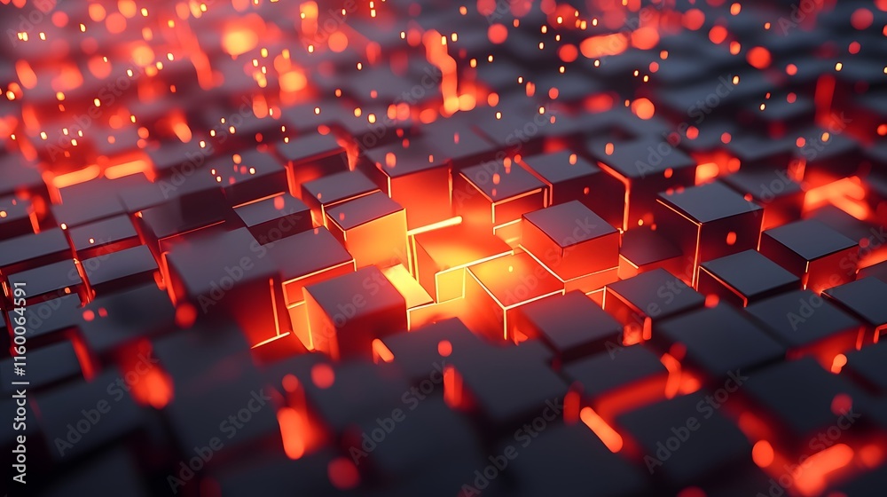 Obraz premium Glowing 3D Firewall Blocking Dynamic Code Stream in Digital Landscape